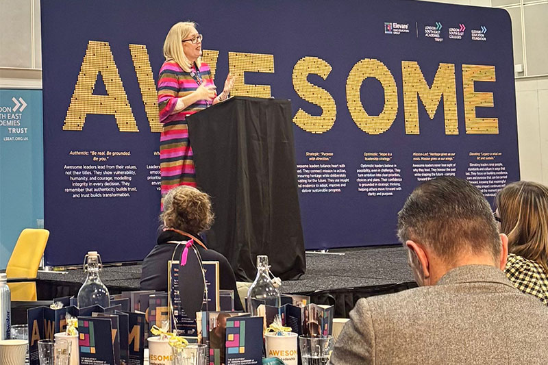 Keynote speaker, Dr Sam Parrett CBE on stage